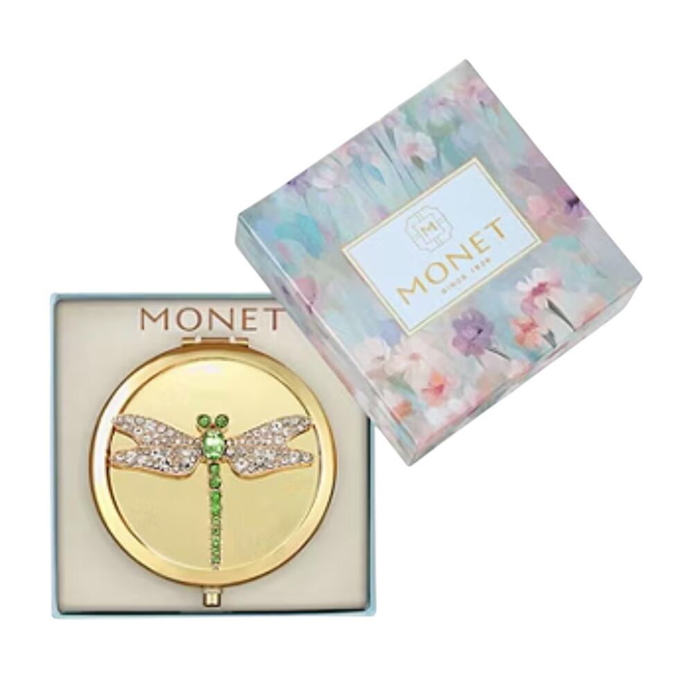 MONET Dragonfly Compact Mirror Gold Tone Green Rhinestone New In Box Insect Bug - Picture 6 of 6